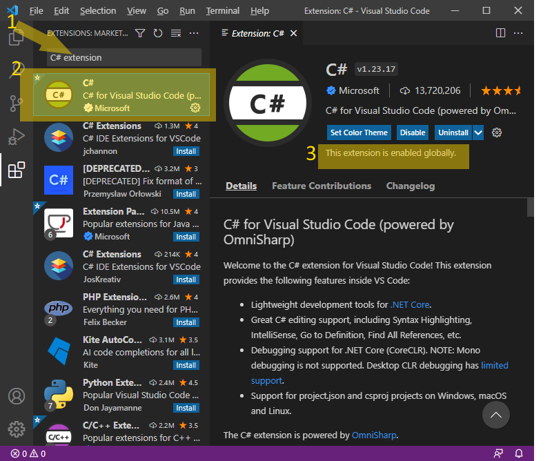 Install C# extension to Visual Studio Code