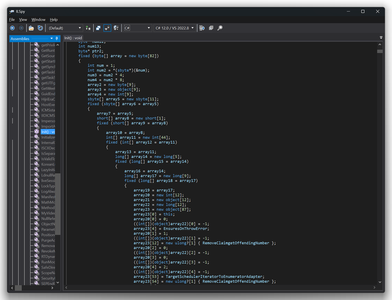 ILSpy output comparing original C# code with ArmDot virtualized output showing only the VM interpreter