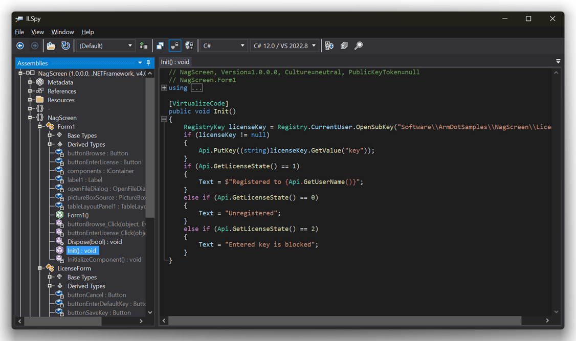 ILSpy showing a .NET assembly with class hierarchy, reconstructed C# method, and inline string literals visible