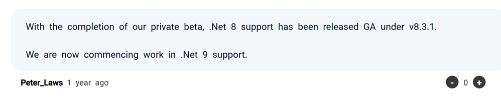 Redgate support forum showing .NET 8 compatibility delay discussions