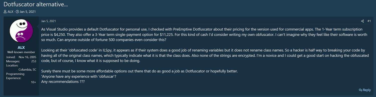 VB.NET Developer Community forum post showing the $4,250 quote and developer reaction