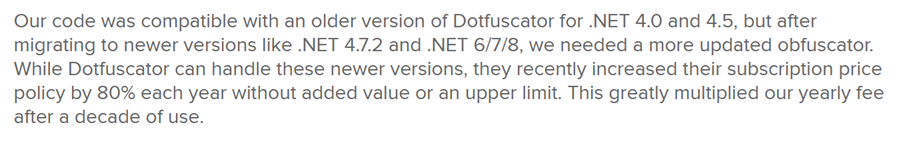 NDepend blog post excerpt describing the 80% annual price increase and switching decision