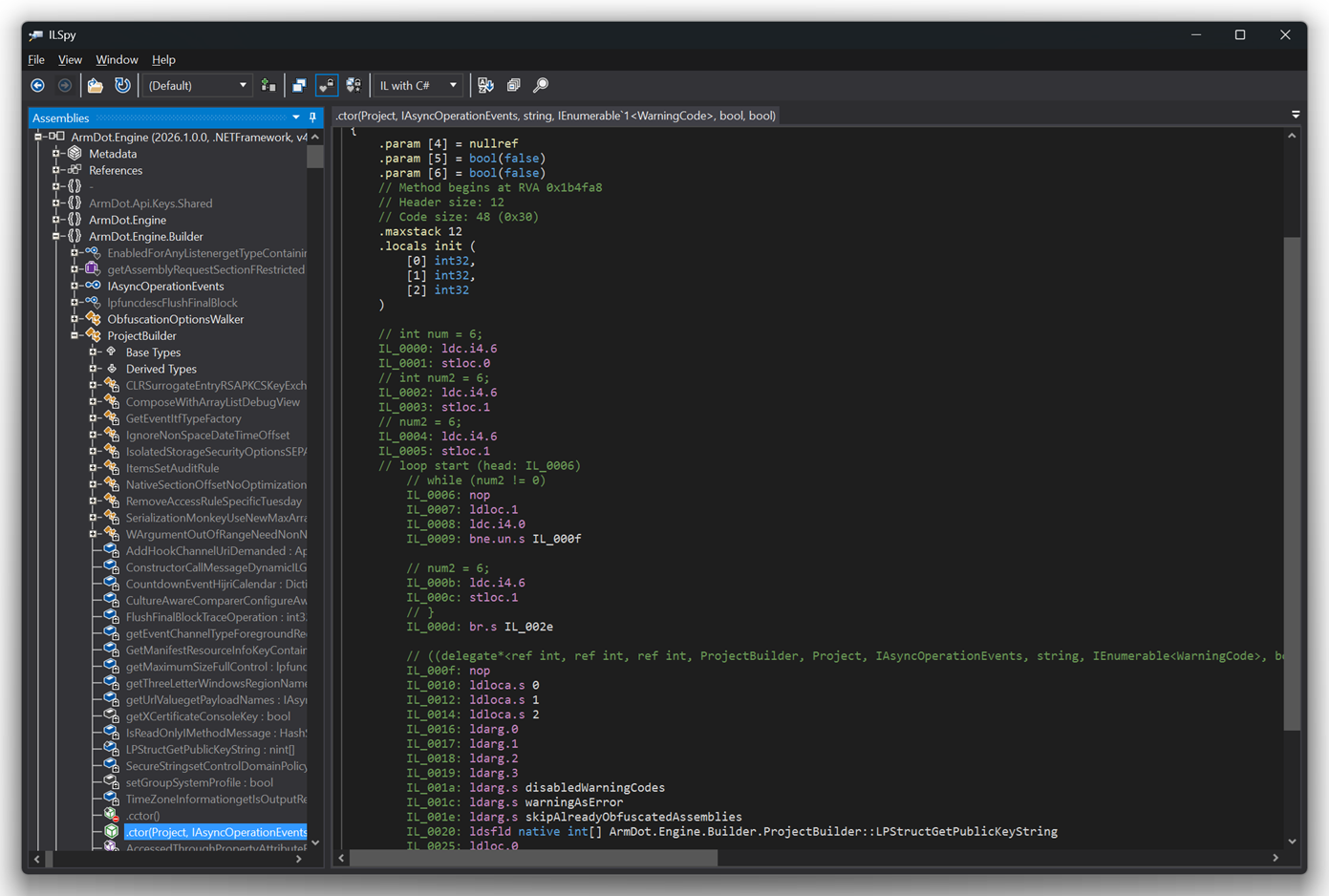 ILSpy showing ArmDot's own binary - obfuscated symbols, no readable strings, virtualized methods showing only VM interpreter loop