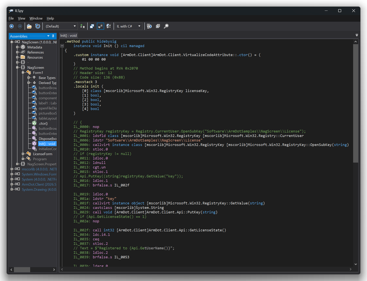 ILSpy showing original method (readable C#) ILSpy showing original method (readable C#)