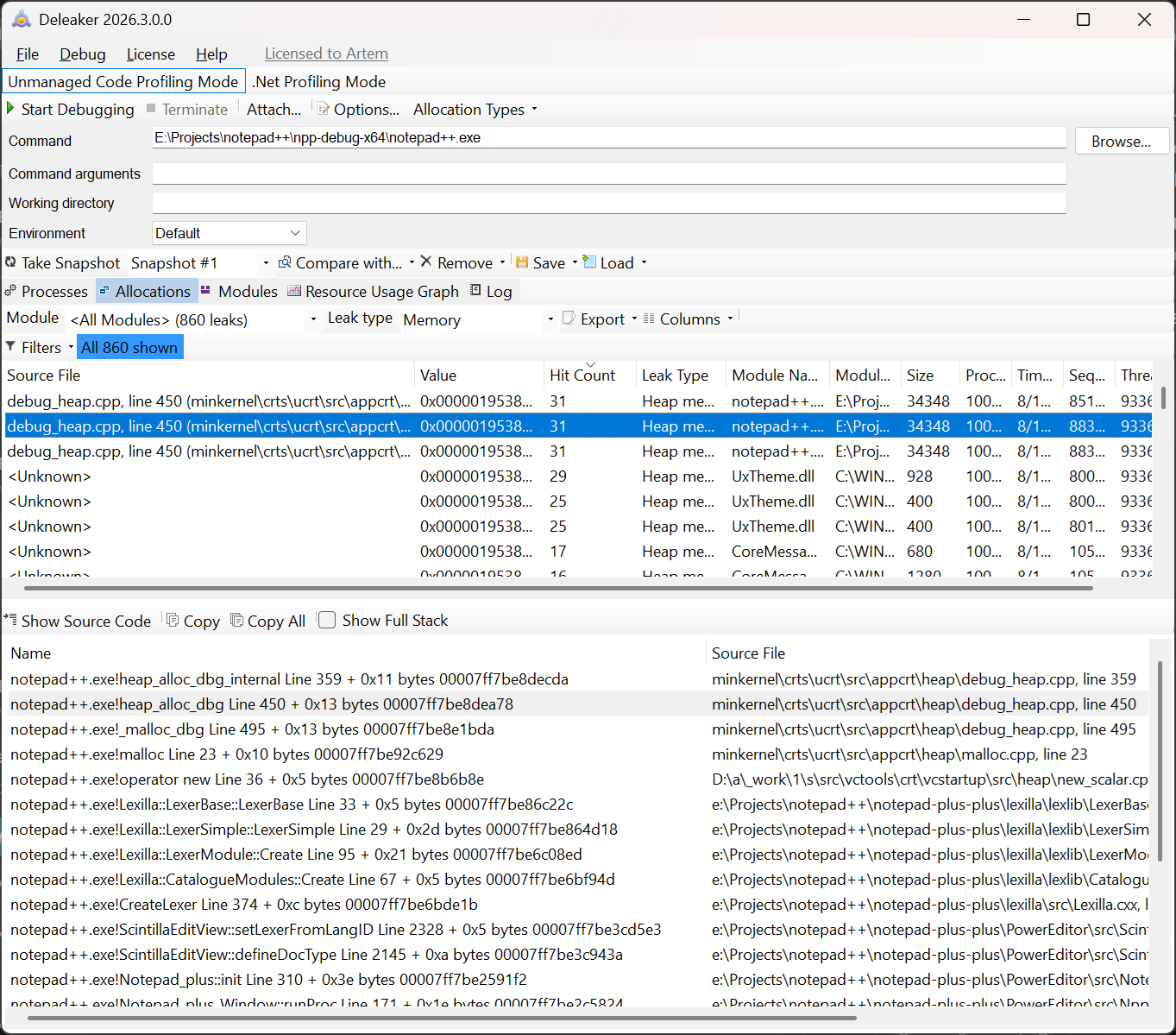Allocations sorted by hit count Allocations sorted by hit count