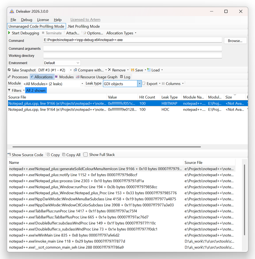 Comparing the post mortem snapshot against the baseline, GDI objects only Comparing the post mortem snapshot against the baseline, GDI objects only