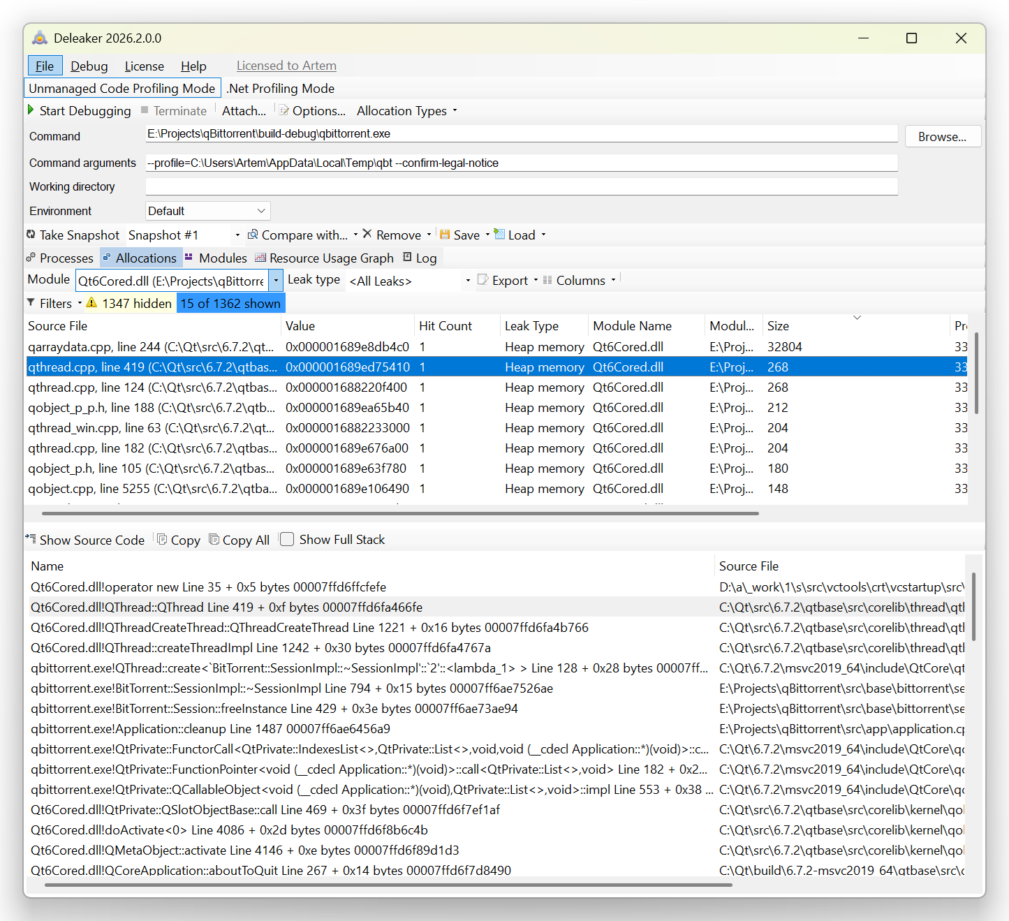 The leaked QThread, filtered to Qt6Cored.dll The leaked QThread, filtered to Qt6Cored.dll