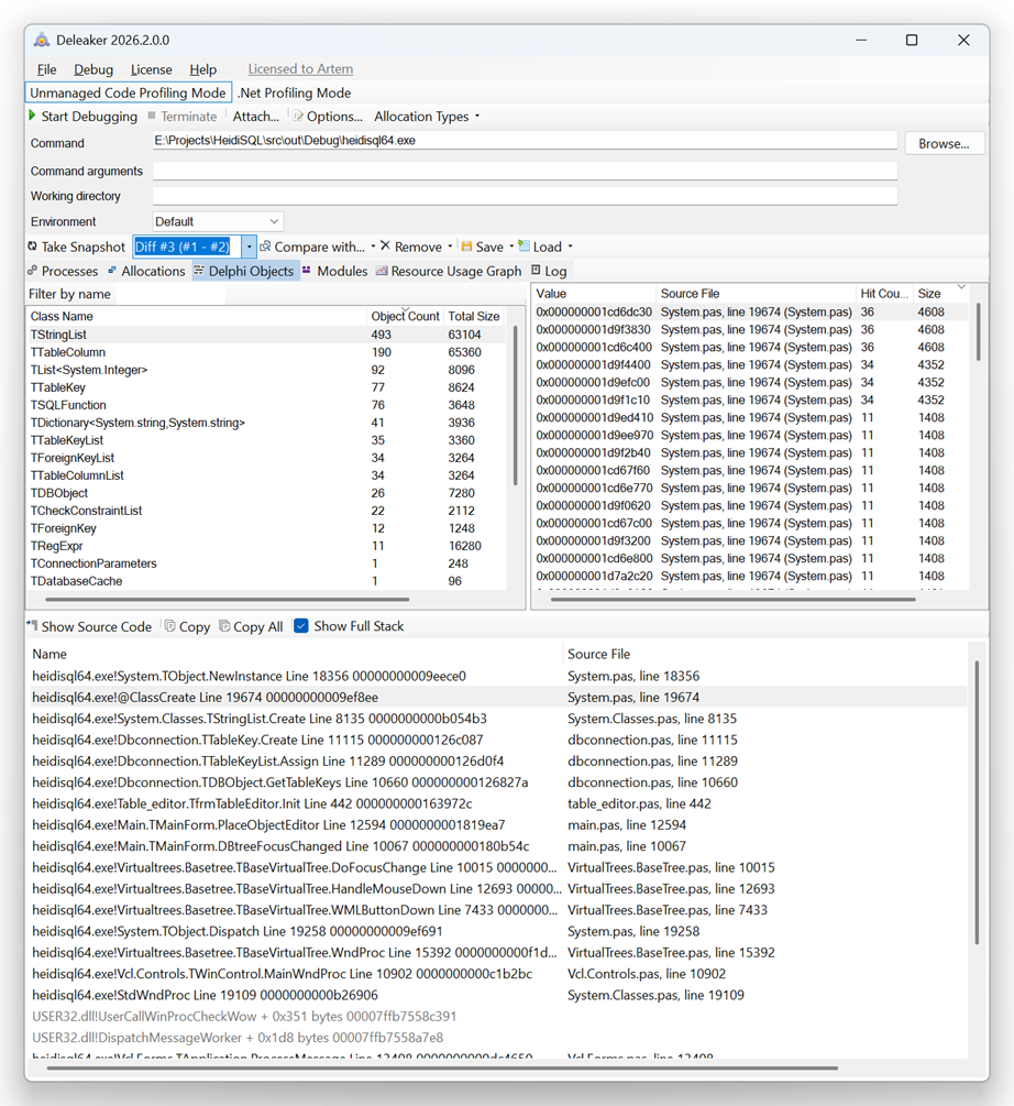Comparing the post mortem snapshot against the baseline Comparing the post mortem snapshot against the baseline
