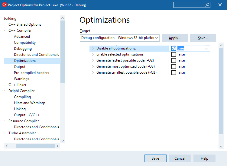 Disable optimizations in C++ Builder