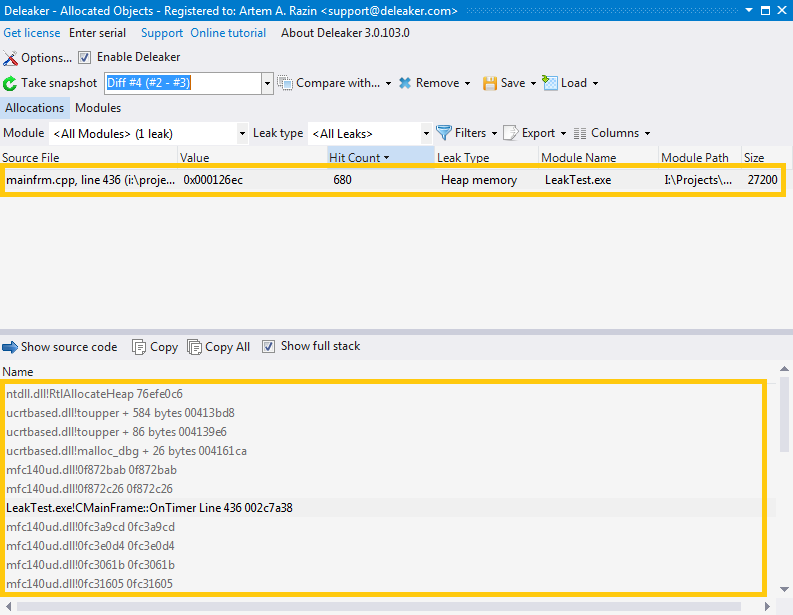 New allocations identified by snapshot comparison