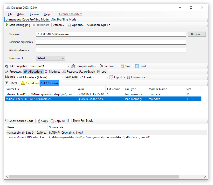 The memory profiler detected the leak