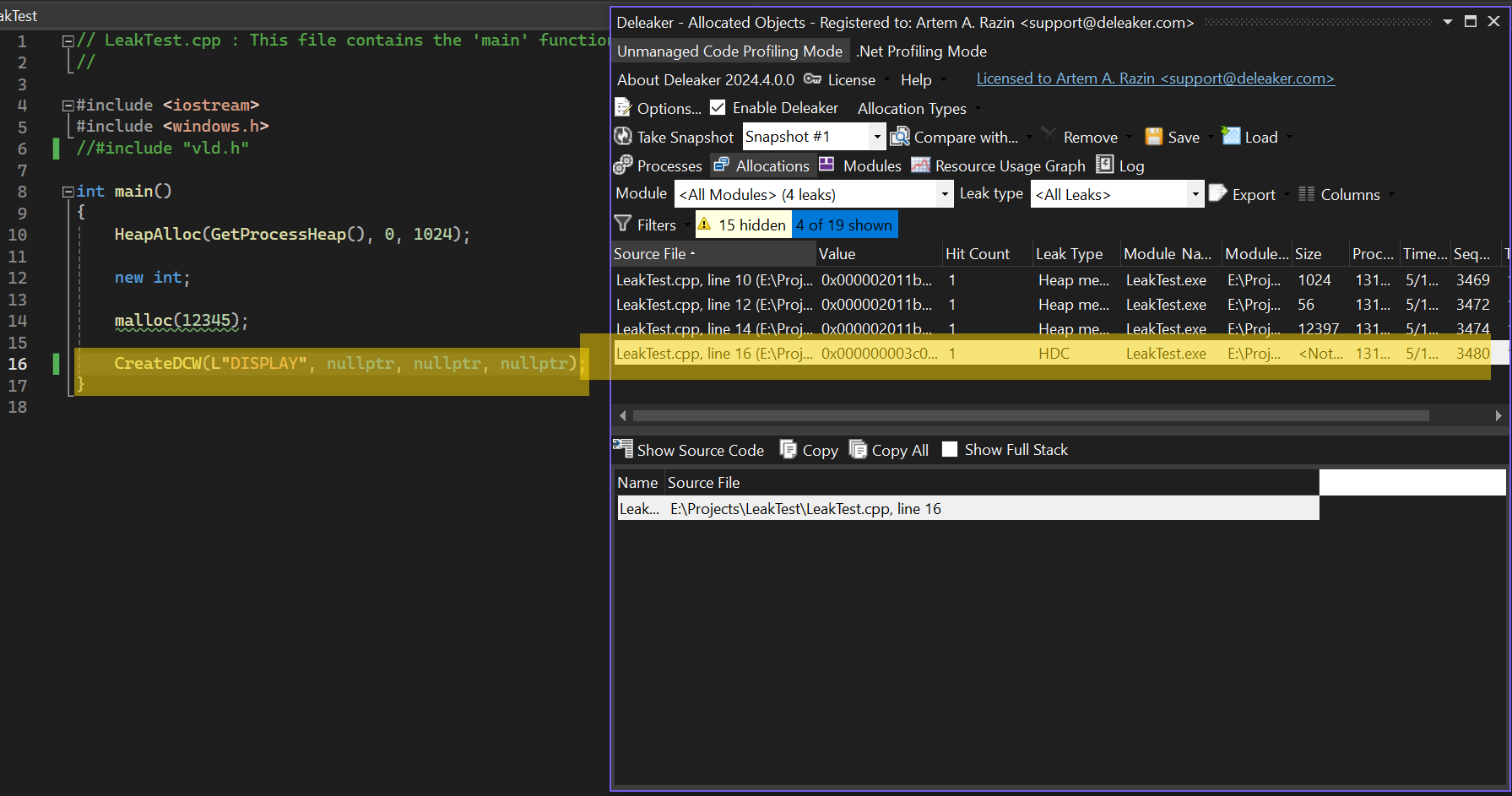 Deleaker displays leaks