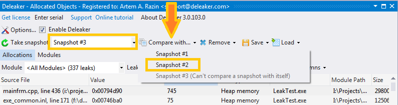 Selecting snapshots for comparison