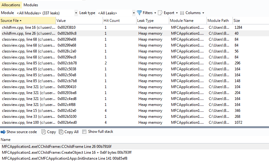 Deleaker provides comprehensive information for each allocation