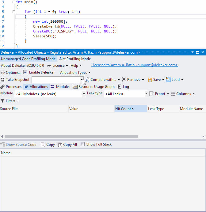 Compare snapshots in Deleaker