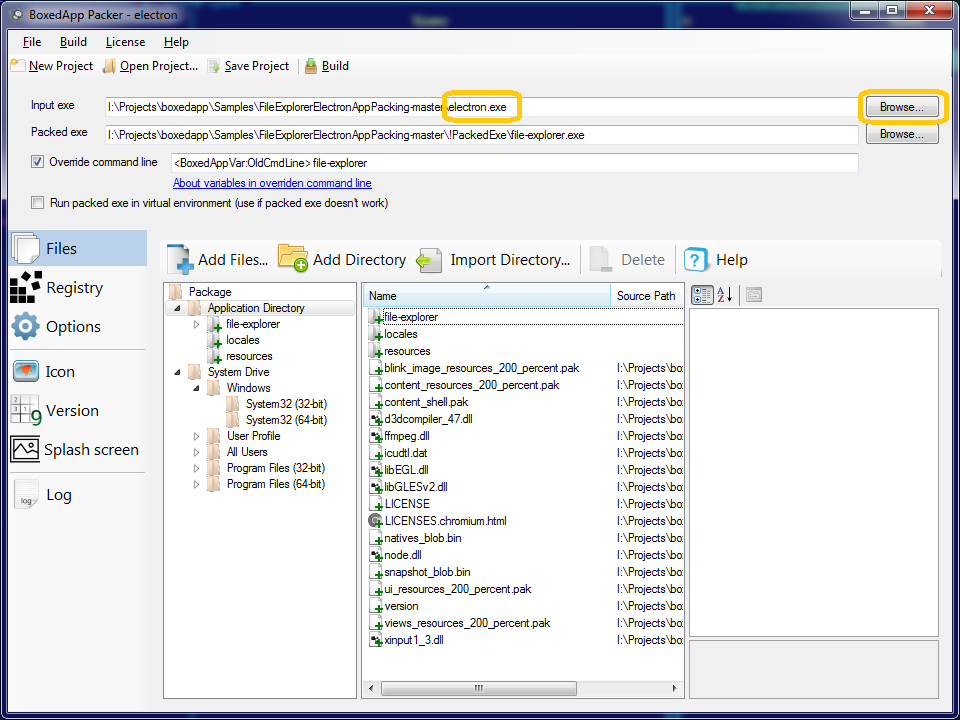 Select electron.exe in BoxedApp Packer