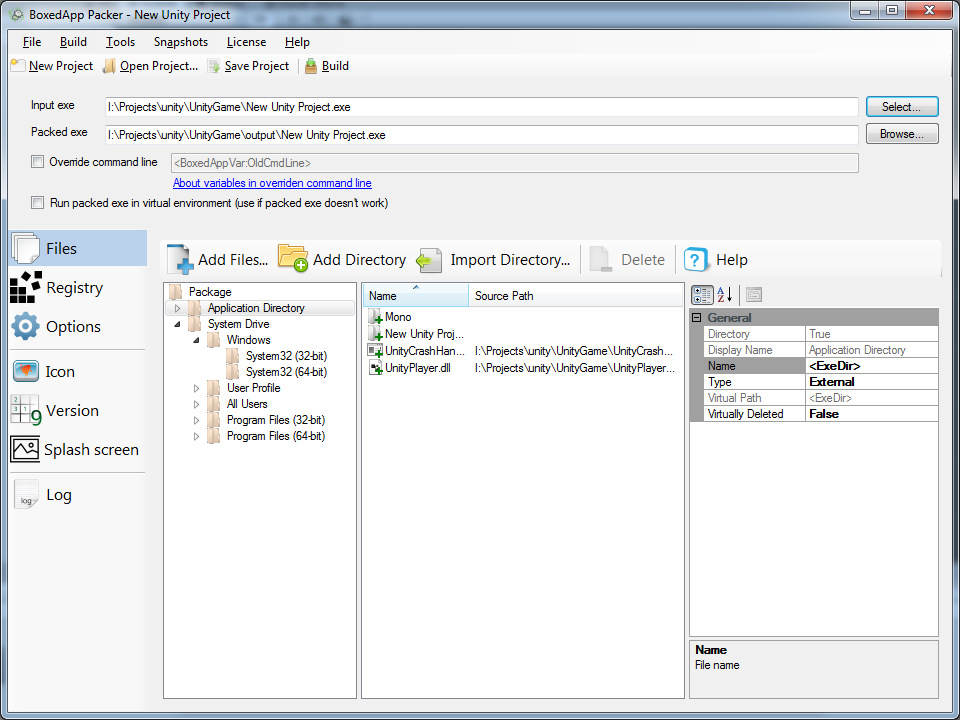 Adding Unity folders in BoxedApp Packer
